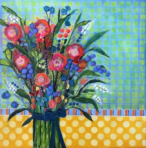 Fresh Cut Flowers whimsical Mixed Media Acrylic Painting by artist Susan Hurwitch. 