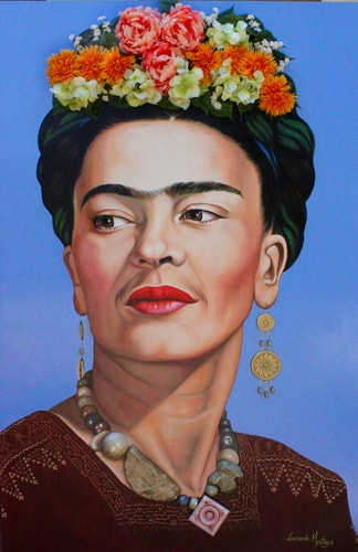 “Frida Blue” Mixed Media on Wood, 42” x 64” by artist Leonardo Montoya. See his portfolio by visiting www.ArtsyShark.com