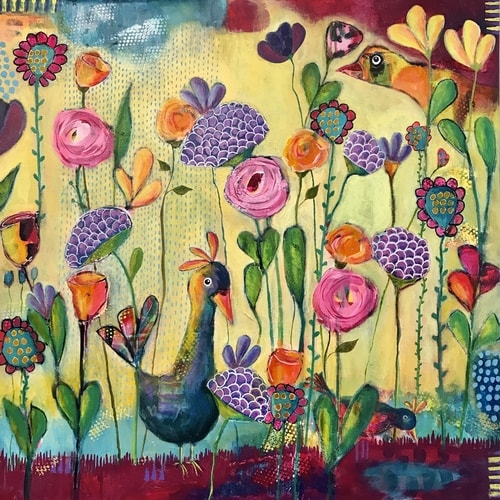 Whimsical bird in a garden of flowers, Mixed Media Acrylic painting by artist Susan Hurwitch. 