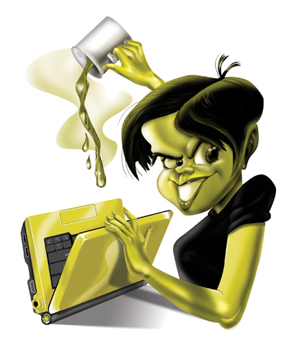 “Computer Girl” Evil girl vandalizing a laptop, Photoshop, Various Sizes by artist Trevor Keen. See his portfolio by visiting www.ArtsyShark.com