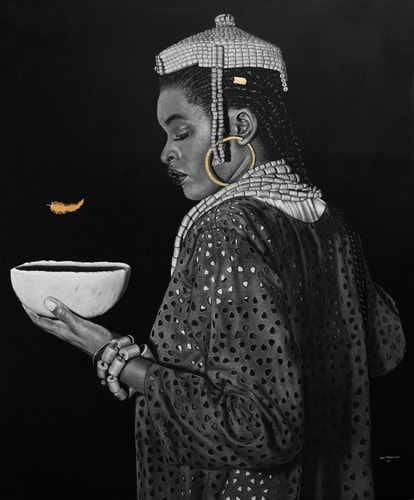 “HRM Pere of Isaba Kingdom” Charcoal, Gold Leaf and Acrylic on Canvas, 54” x 66” by artist Ken Nwadiogbu. See his portfolio by visiting www.ArtsyShark.com