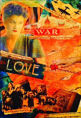 Mixed Media Legacy Collage of a woman who lived through the war by artist Susan Hurwitch. 