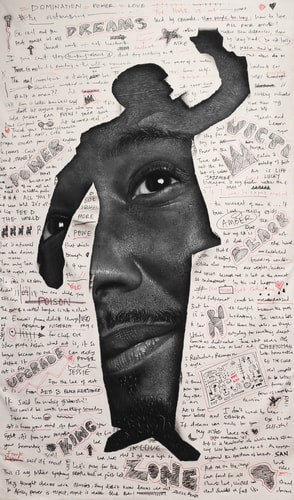 “If Dreams Were Made for You” Charcoal, Acrylic and Pen on Canvas, 54” x 90” by artist Ken Nwadiogbu. See his portfolio by visiting www.ArtsyShark.com