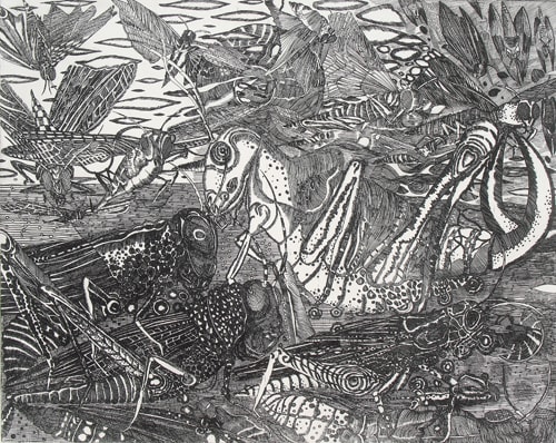 “L’invasion” Etching on Zinc, 19” x 16” by artist Elke Daemmrich. See her portfolio by visiting www.ArtsyShark.com