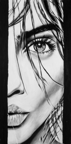 Portrait of a woman's face with big eyes by artist Sylvia Cohen.