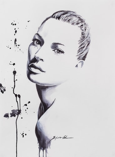 Black and White Portrait of Kate Moss by artist Sylvia Cohen. 
