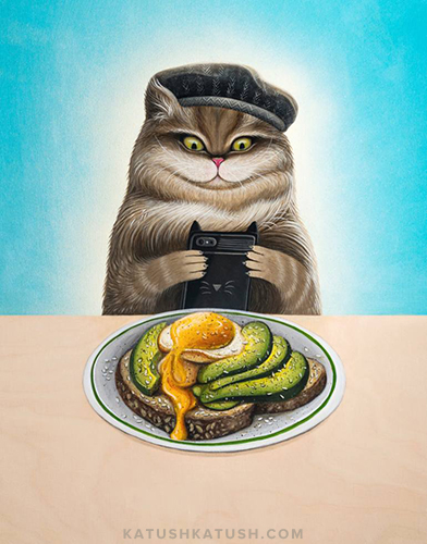 "Brunch" Acrylic Spray Paint on Birch Wood Panel, 16" x 20" by Artist Katya Garipova. See her portfolio by visiting www.ArtsyShark.com