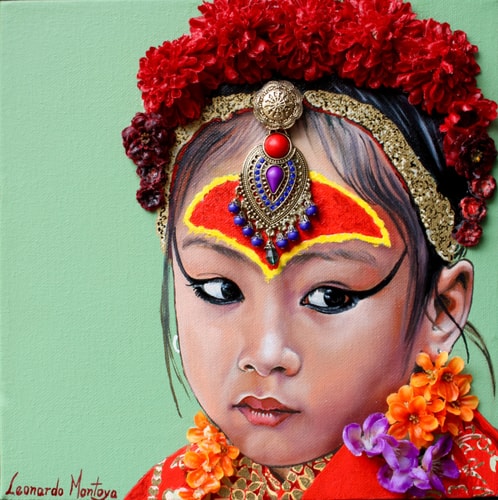 “Kumari Girl” Mixed Media on Canvas, 10” x 10” by artist Leonardo Montoya. See his portfolio by visiting www.ArtsyShark.com