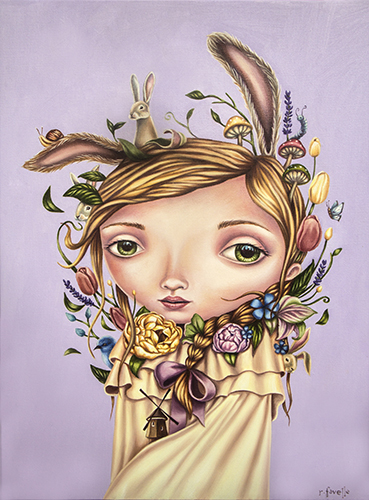 “Lavender Rabbit Girl” Oil on Canvas, 20” x 30” by artist Rachel Favelle. See her portfolio by visiting www.ArtsyShark.com