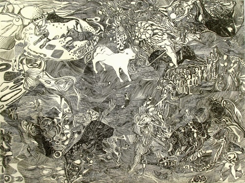 “Les Toros de Burdeos” Engraving on Copper, 40” x 30” by artist Elke Daemmrich. See her portfolio by visiting www.ArtsyShark.com