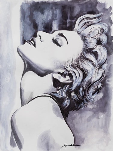 Portrait of Madonna in Ink and Watercolor on Paper by artist Sylvia Cohen.