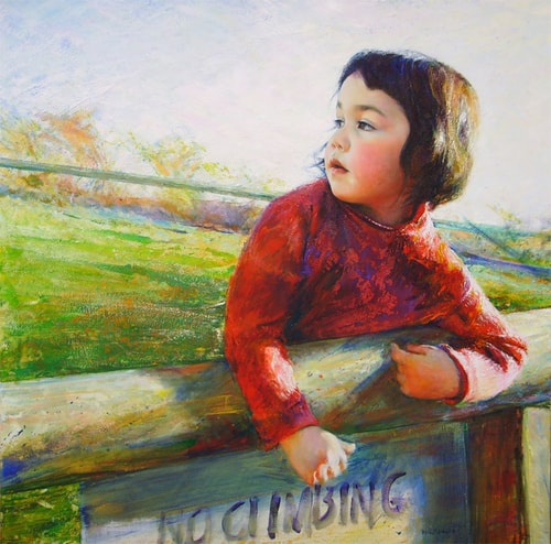 “No Climbing” Oil and Acrylic on Canvas, 91cm x 91cm by artist Marina Kim. See her portfolio by visiting www.ArtsyShark.com