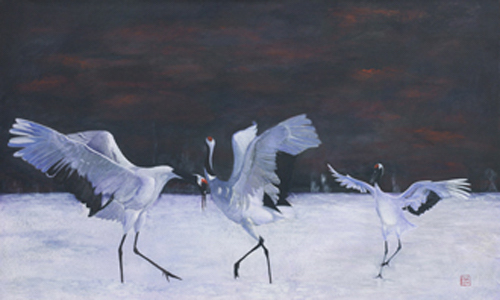 "Red Crested Cranes" Acrylic, 60" x 36" by artist Ellen (Ellie) Fuller. See her portfolio by visiting www.ArtsyShark.com