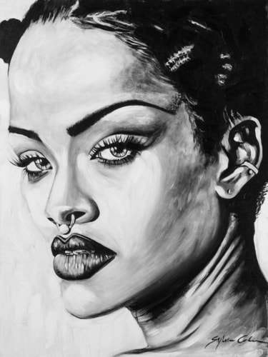 Black and White Portrait of Rhianna with nose ring by artist Sylvia Cohen. 