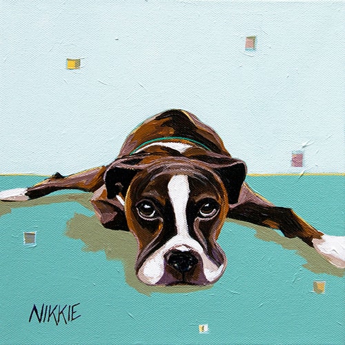 Whimsical contemporary painting of a dog by artist Nikkie Markle.