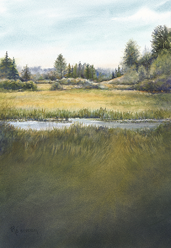"Across the Pond" Watercolor on Paper, 12" x 18" by artist Renee St. Peter. See her portfolio by visiting www.ArtsyShark.com