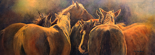 "Herd Talk" Watercolor on Paper, 30" x 11" by artist Renee St. Peter. See her portfolio by visiting www.ArtsyShark.com
