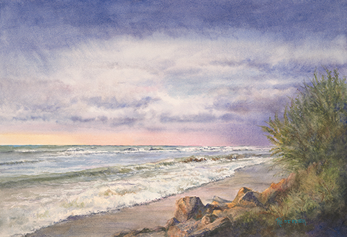 "Sunset Shoreline" Watercolor on Paper, 22" x 15" by artist Renee St. Peter. See her portfolio by visiting www.ArtsyShark.com