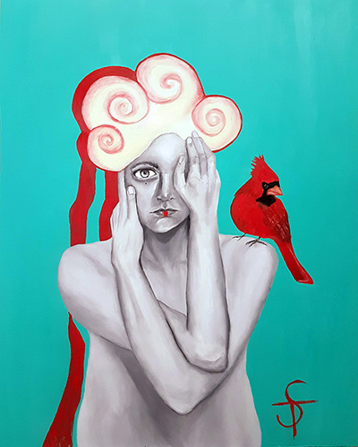 "Red Messenger" Oil and Acrylic on Masonite, 24" x 30" by Artist Tanya Solonyka. See her portfolio by visiting www.ArtsyShark.com