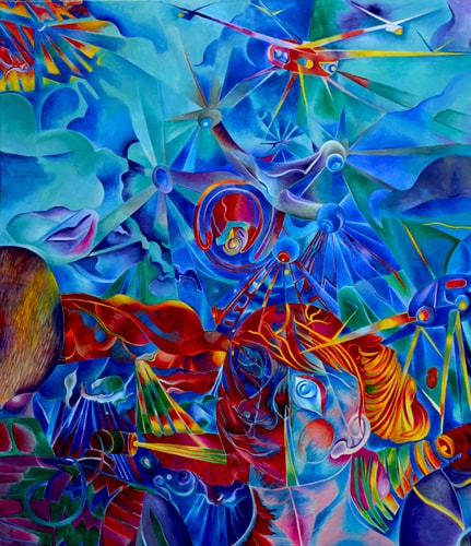 “The Drones” Oil on Canvas, 59” x 71” by artist Elke Daemmrich. See her portfolio by visiting www.ArtsyShark.com