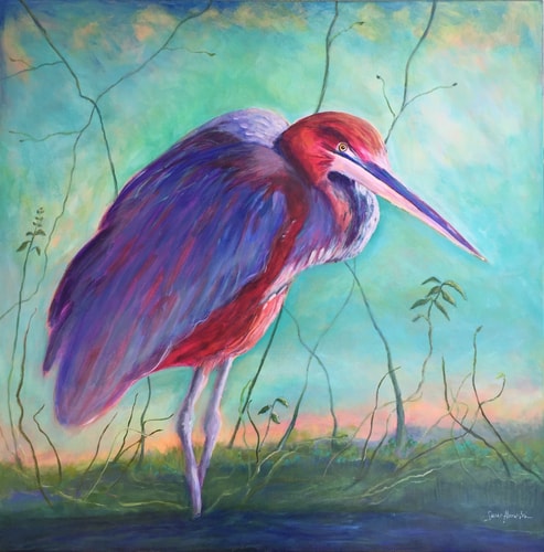 Colorful Mixed Media Acrylic painting of a Heron by artist Susan Hurwitch.