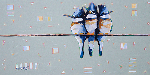 Painting of three colorful birds by artist Nikkie Markle. 