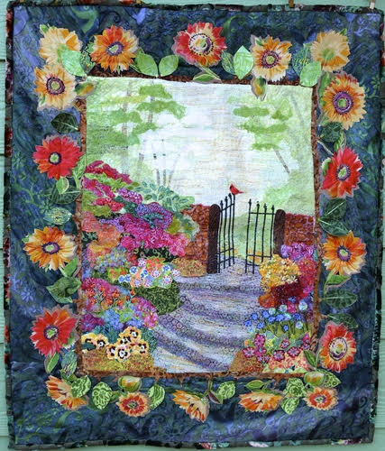 “Through the Garden Gate” Cotton, Cheesecloth and Embroidery Floss, 20” x 25” by artist Silke Cliatt. See her portfolio by visiting www.ArtsyShark.com