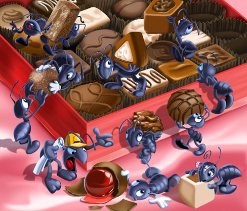 “Ants” Ants raiding a box of chocolates, Photoshop, Various Sizes by artist Trevor Keen. See his portfolio by visiting www.ArtsyShark.com