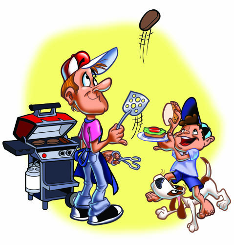 “Barbecue” Father, son and dog barbecuing burgers, Illustrator/Photoshop, Various Sizes by artist Trevor Keen. See his portfolio by visiting www.ArtsyShark.com