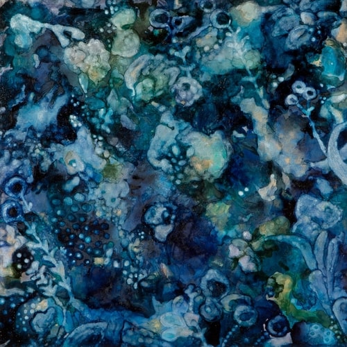 Abstract painting in blue colors by artist Mishel Schwartz