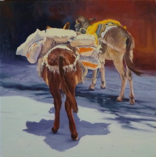 "Burros" Oil on Canvas, 20" x 20" by artist Rose Hohenberger. See her portfolio by visiting www.ArtsyShark.com