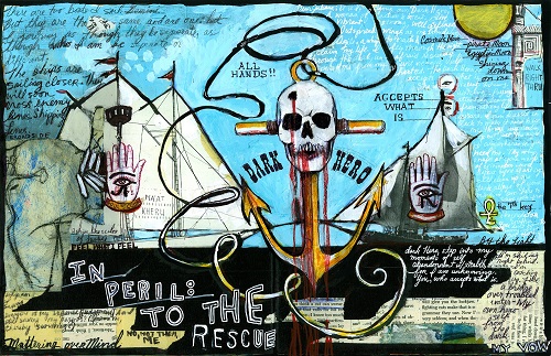 “Dark Hero” Page from Mixed Media Sketchbook by artist Julianna Coles. See her portfolio by visiting www.ArtsyShark.com