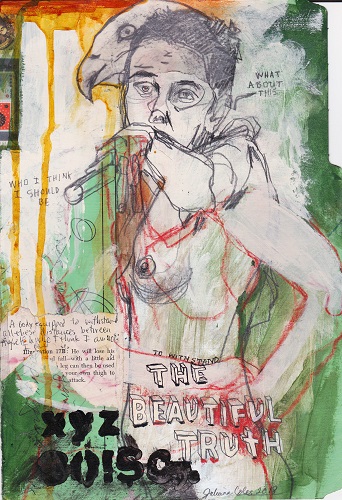 “The Beautiful Truth” Mixed Media Drawing on Vintage Folder, 8” x 11.75” by artist Julianna Coles. See her portfolio by visiting www.ArtsyShark.com