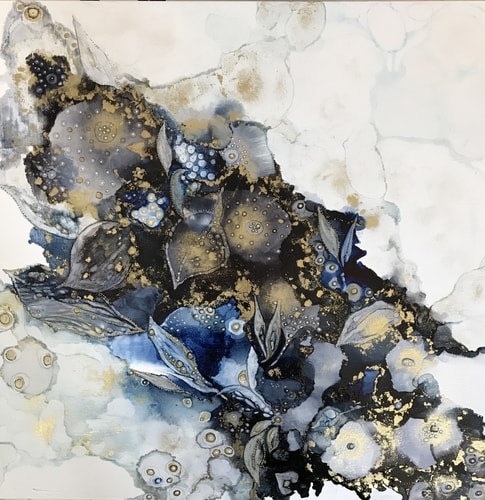 Abstract botanically-inspired painting in alcohol ink by Mishel Schwartz