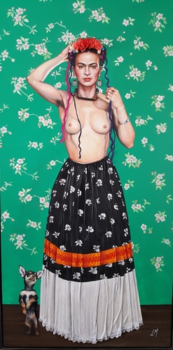 “Topless Frida” (“Frida de Pelos”) Mixed Media on Canvas, 36” x 72” by artist Leonardo Montoya. See his portfolio by visiting www.ArtsyShark.com