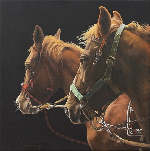 “Los Caballos” Oil and Acrylic on Canvas, 24” x 24” by artist Rose Hohenberger. See her portfolio by visiting www.ArtsyShark.com