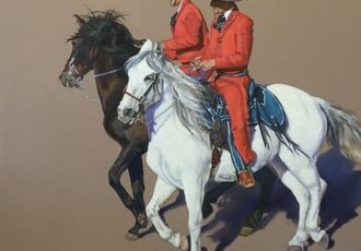 “Los Charros” Oil and Acrylic on Canvas, 32” x 32” by artist Rose Hohenberger. See her portfolio by visiting www.ArtsyShark.com