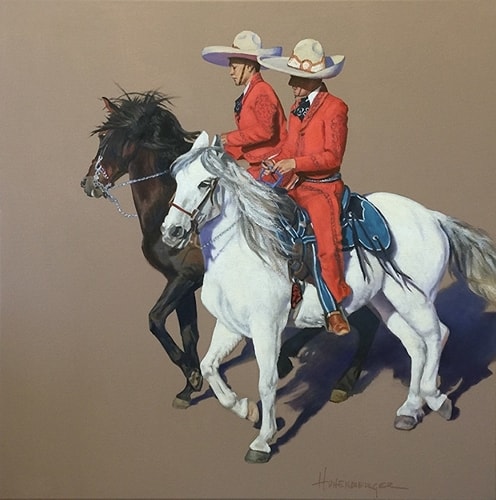 “Los Charros” Oil and Acrylic on Canvas, 32” x 32” by artist Rose Hohenberger. See her portfolio by visiting www.ArtsyShark.com