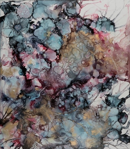 Complex abstract painting by Mishel Schwartz made with alcohol ink on yupo paper.