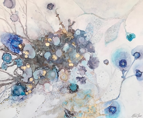colorful abstract painting of blossoms using alcohol ink by Mishel Schwartz