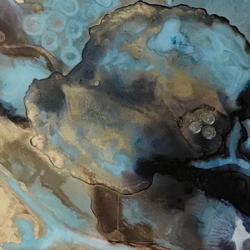 “Turquoise and Gold Abstract” Alcohol Ink on Yupo, 20” x 20” by artist Mishel Schwartz. See her portfolio by visiting www.ArtsyShark.com