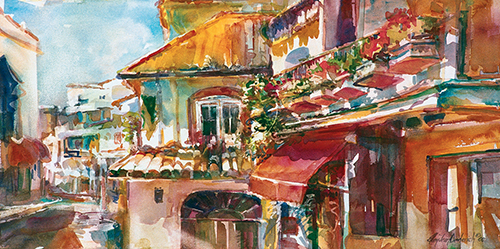 “Siesta” Watercolor, 30” x 14” by artist Ellen Jean Diederich. See her portfolio by visiting www.ArtsyShark.com