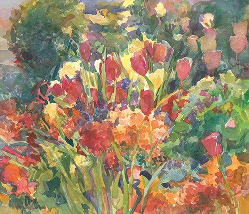“Spring Update” Watercolor, 26” x 22” by artist Ellen Jean Diederich. See her portfolio by visiting www.ArtsyShark.com