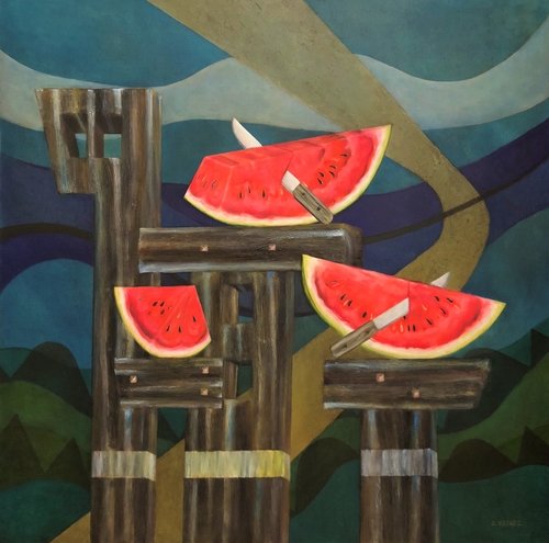 “Landscape and Watermelons” Oil on Canvas, 48” x 48” by artist Eduardo Vilchez. See his portfolio by visiting www.ArtsyShark.com