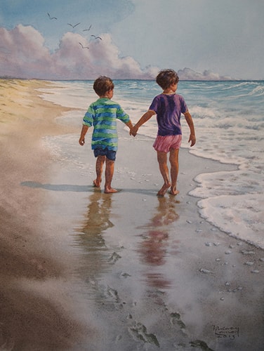 “Beach Walkers” Watercolor, 18” x 24” by artist Nancy Lane. See her portfolio by visiting www.ArtsyShark.com