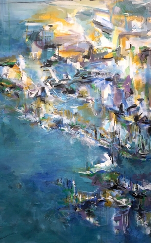 “Coastline” Mixed Media on Canvas, 30” x 48” by artist Suzanne Yurdin. See her portfolio by visiting www.ArtsyShark.com