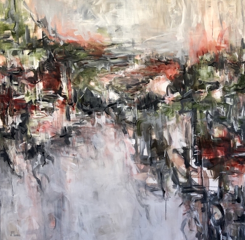 “Falling Into Winter” Mixed Media on Canvas, 36” x 36” by artist Suzanne Yurdin. See her portfolio by visiting www.ArtsyShark.com