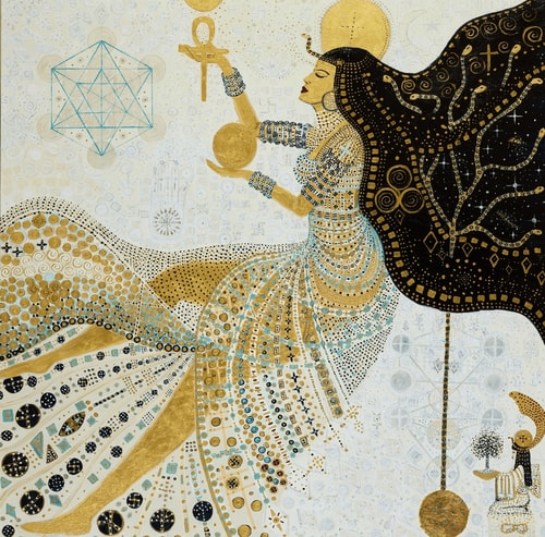 "Goddess of Light" Acrylic and 24kt Gold on Linen, 120cm x 120cm by Artist Jaime Lamont. See her portfolio by visiting www.ArtsyShark.com