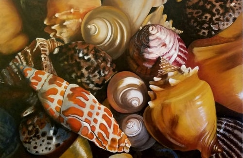 "Shell Game II" Oil on Canvas, 30" x 20" by Artist Jeanie Bates. See her portfolio by visiting www.ArtsyShark.com