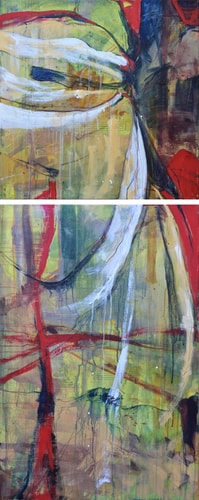 "My Bitter Pill to Swallow" Diptych, Acrylic on Canvas, 24" x 60" by artist Elaine Florimonte. See her portfolio by visiting www.ArtsyShark.com